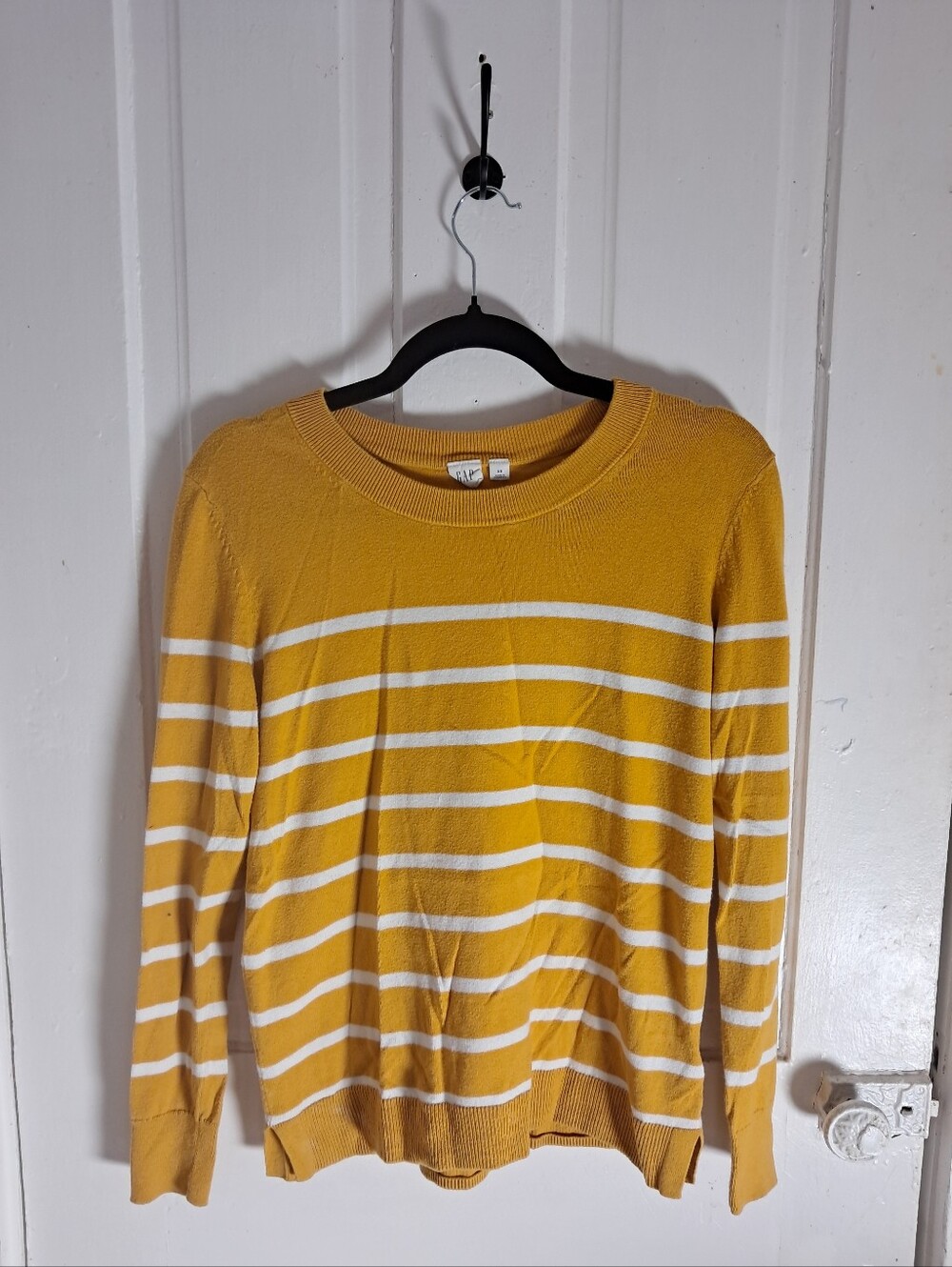 GAP Yellow and White Striped Crewneck Sweater